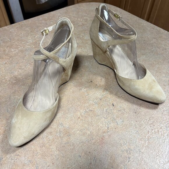 Cole Haan Wedge Heels Beige Suede Leather Ankle Strap Shoes Size 9 - Picture 2 of 13